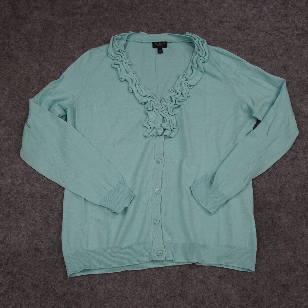 Talbots Sweater Womens Medium M Blue Cardigan Ruffle Long Sleeve Wool Blend